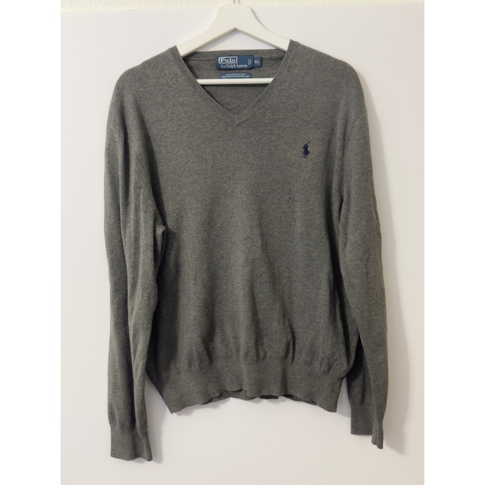 Polo Ralph Lauren V-Neck Sweater Mens XL Gray 100% Pima Cotton Logo Preppy